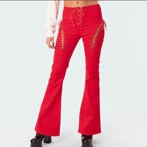 Red Lace-Up Flared Pants